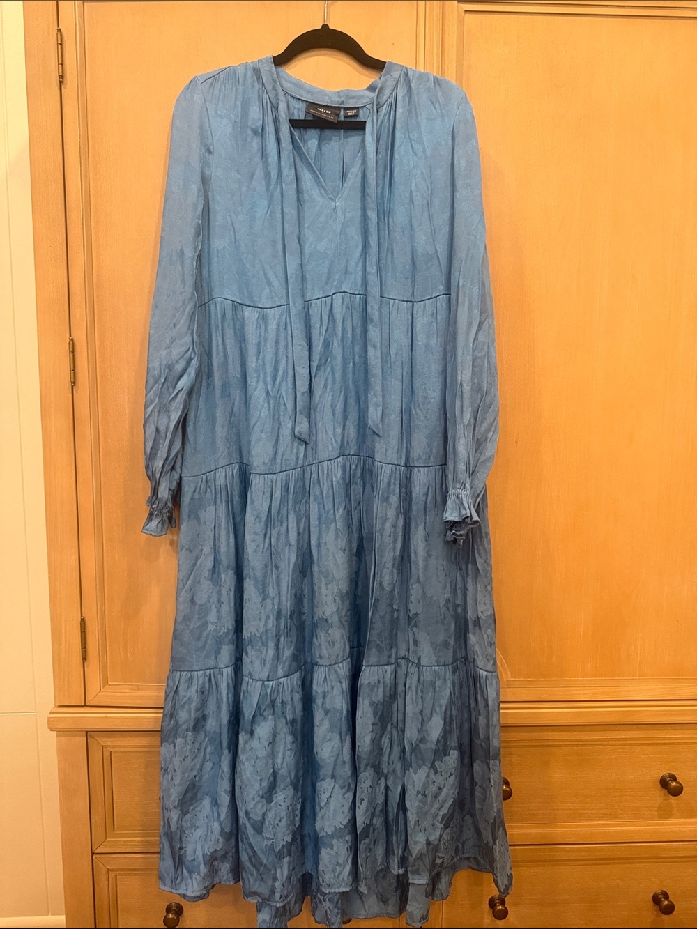 Maeve by Anthropologie Blue Tiered Maxi Dress with Tie Neck